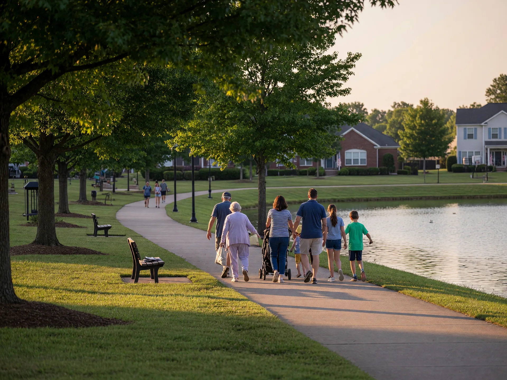 A family walking along a tree-shaded lakefront path in Montclair, Virginia, with the lake and green park space behind them