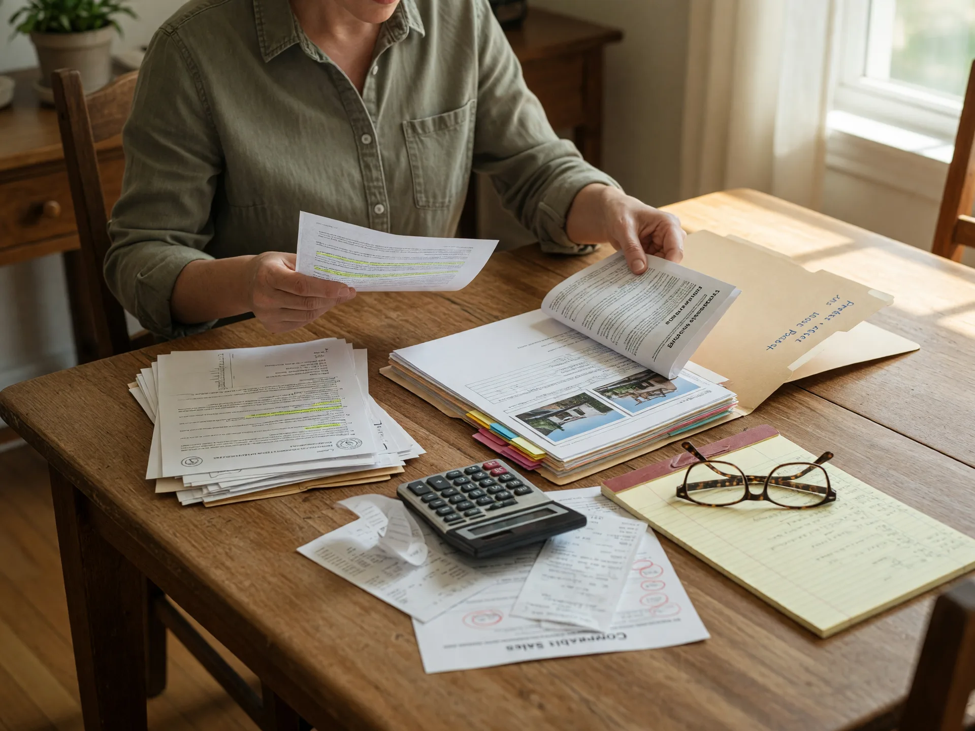 A homeowner organizing property tax protest documents into a folder at a kitchen table with a stack of papers and a calculator