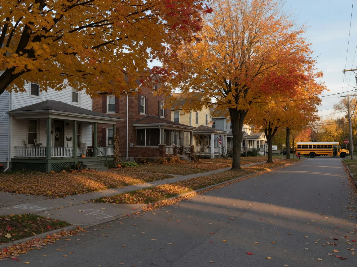 A quiet residential street in Peoria in late October, maple trees in gold and burnt orange above tidy midwestern houses