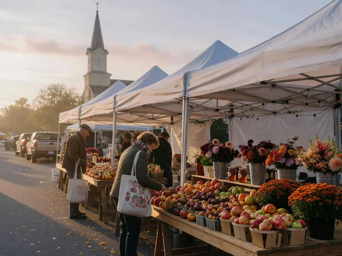 An open-air farmers market on a crisp September morning with white-canopied stalls of apples, tomatoes, mums, cut flowers, and jars of honey, and a church steeple beyond the street