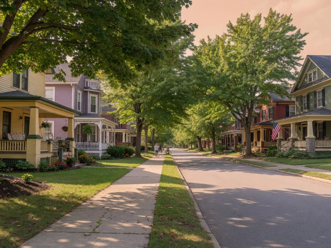 Tree-lined residential street in a historic Lexington Kentucky neighborhood with craftsman homes