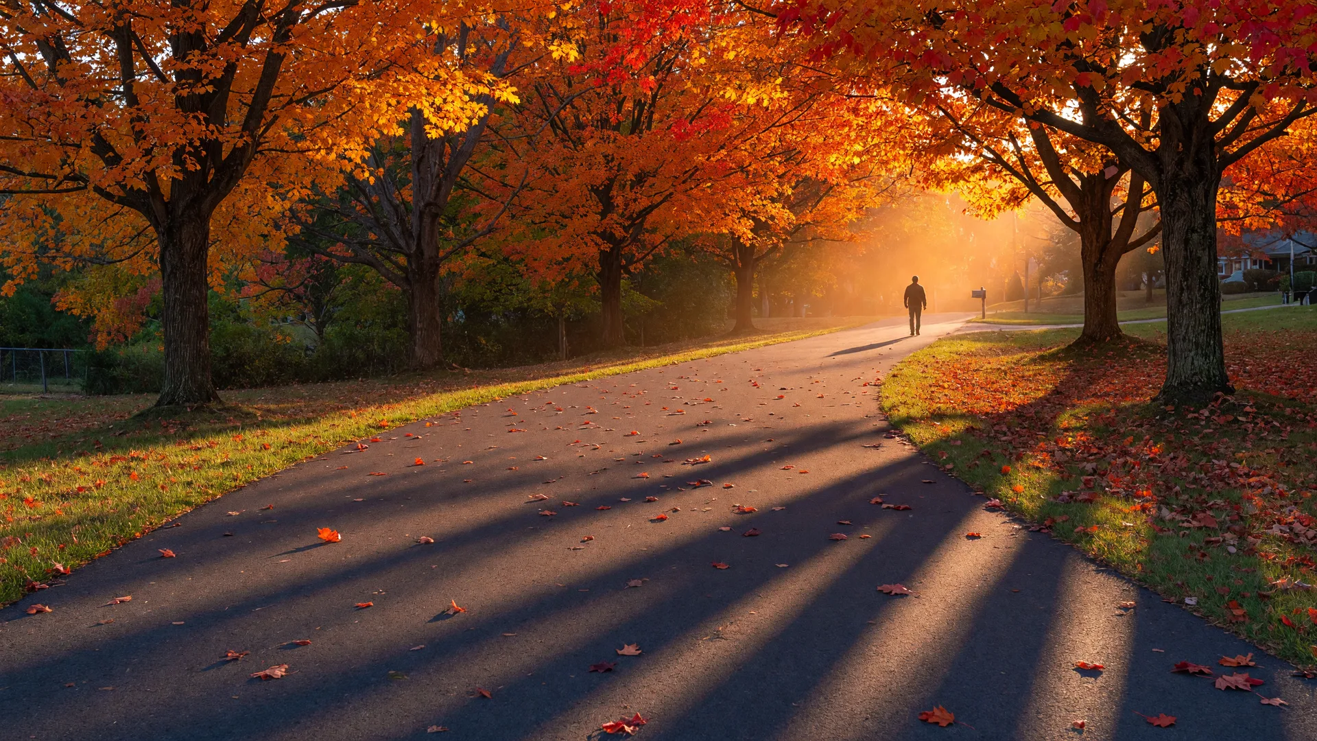 A paved park walking trail in golden October light with maple and oak trees in full fall color arching over the path