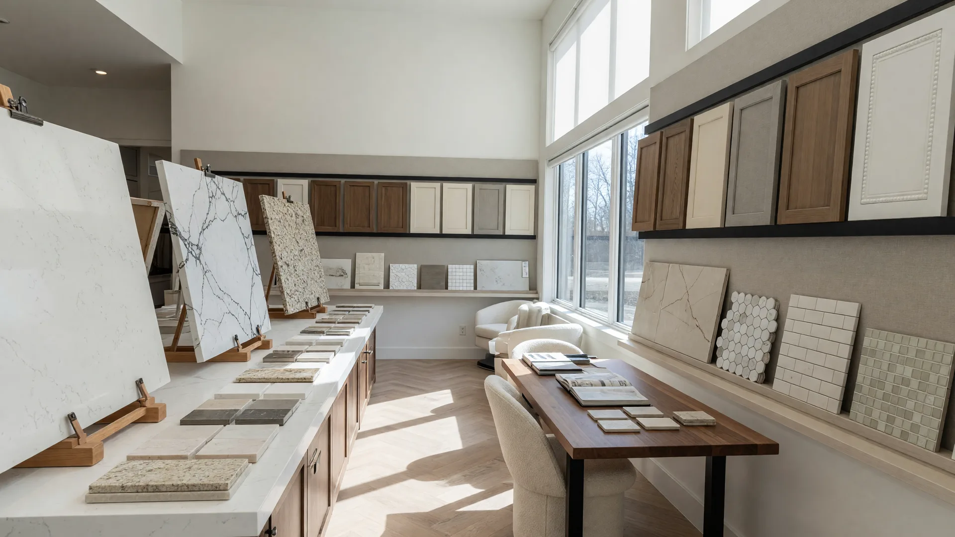 Bright custom home design showroom with countertop slab displays and cabinet samples for new construction in Southeast Michigan