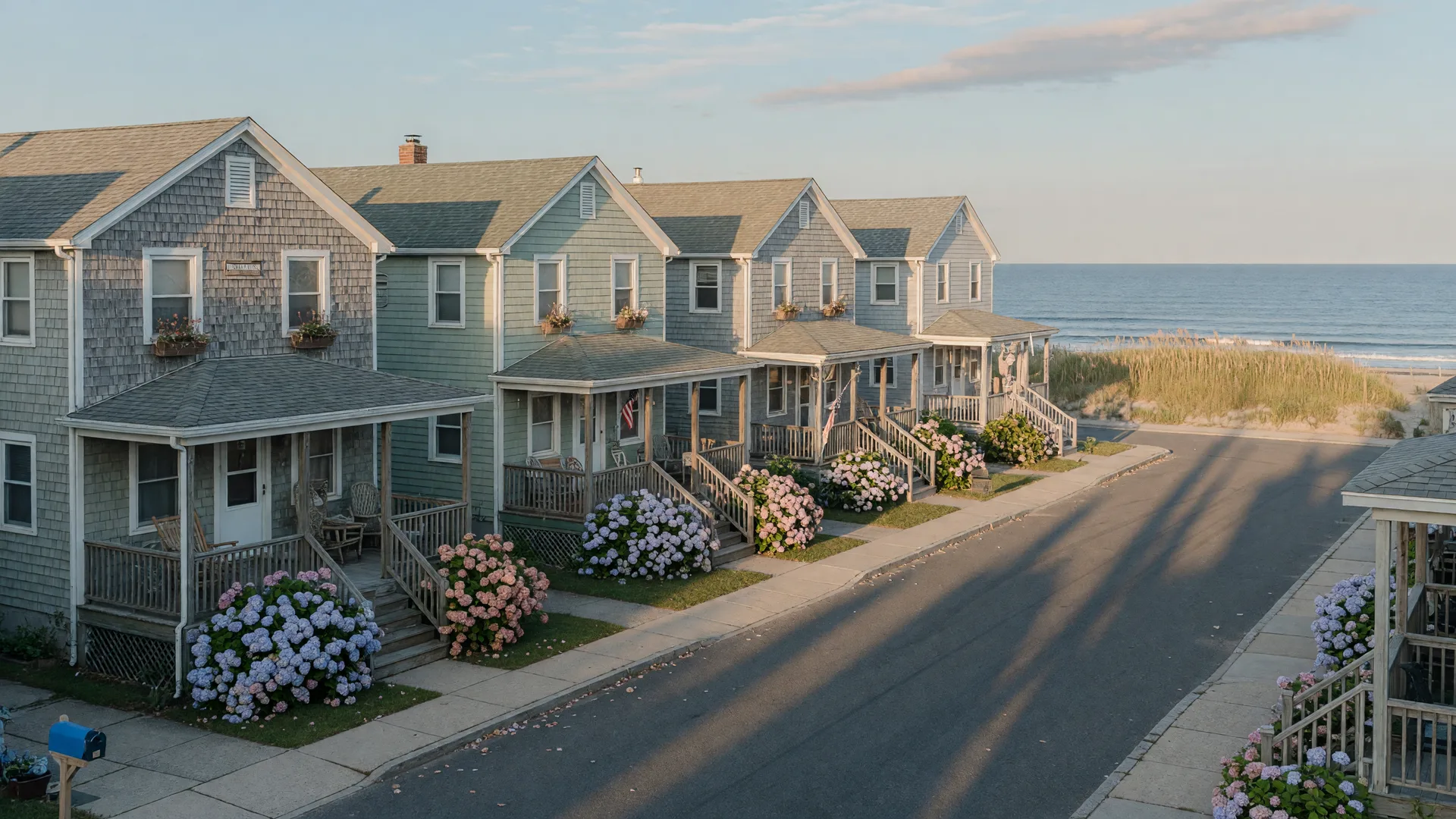 A quiet residential street of classic shingle and clapboard shore homes in a Jersey Shore beach town on a late September afternoon, with dune grass and the ocean horizon beyond the last house
