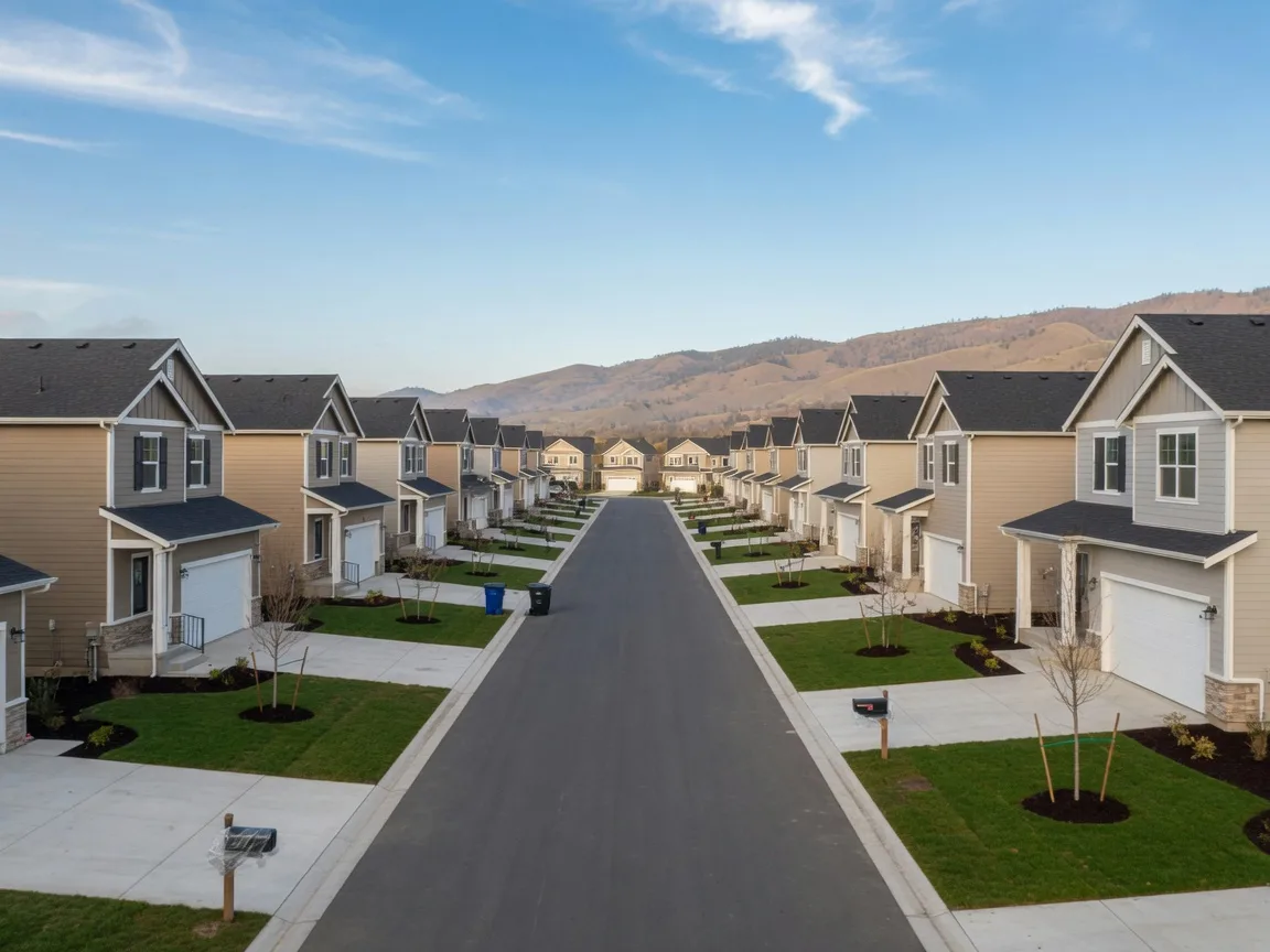 A finished new construction neighborhood in Southern Oregon with fresh homes and young landscaping along a quiet street