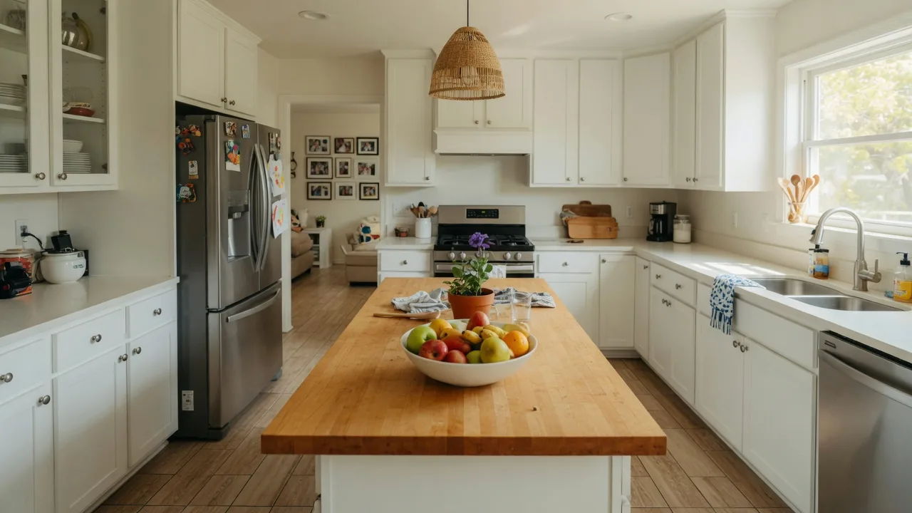 Bright open-concept kitchen in a Tulsa suburban home with white cabinets, stainless steel appliances, and a butcher block island