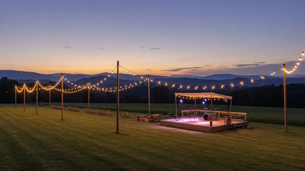 An open-air village plaza at dusk with warm string lights over the lawn and a small stage at the far end