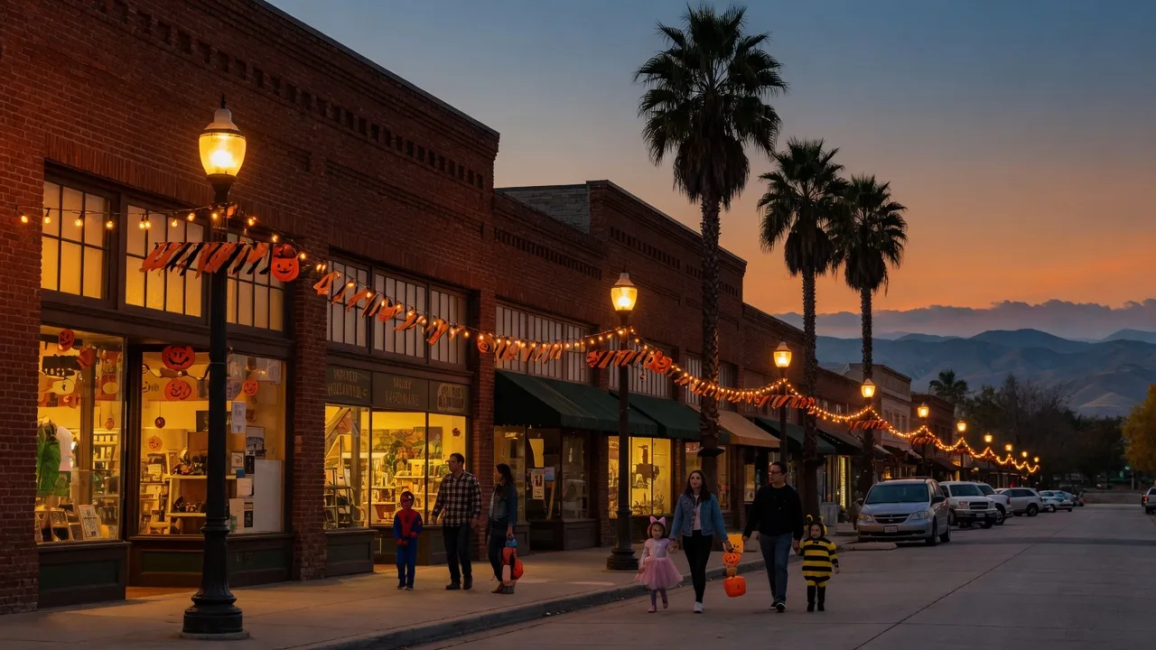 Downtown Merced Main Street on a late-October evening at dusk, historic brick storefronts glowing, warm string lights and autumn decorations between lampposts, families with children in light Halloween costumes strolling the sidewalk, palm trees silhouetted, and the Sierra Nevada foothills hazy on the horizon
