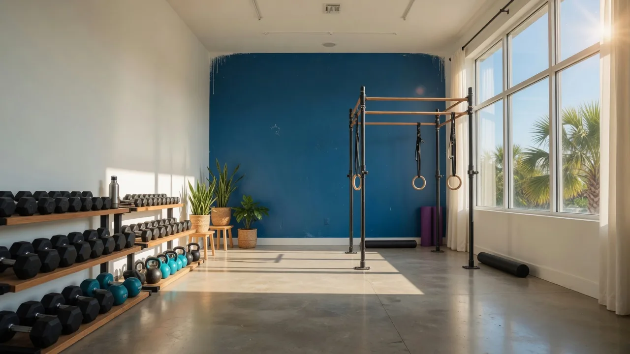Bright modern fitness and wellness studio interior in Estero, Florida with a deep ocean blue accent wall, free weights, and natural sunlight