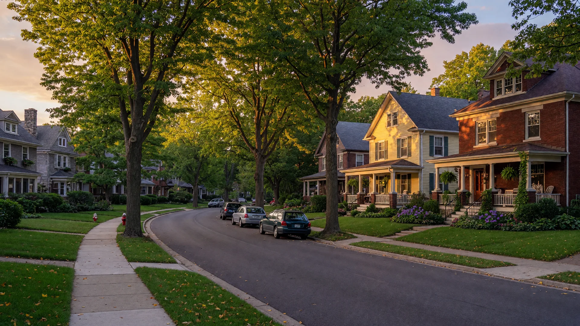 A tree-lined historic residential street in the Ann Arbor Hills neighborhood of Ann Arbor with classic 1920s homes and front porches
