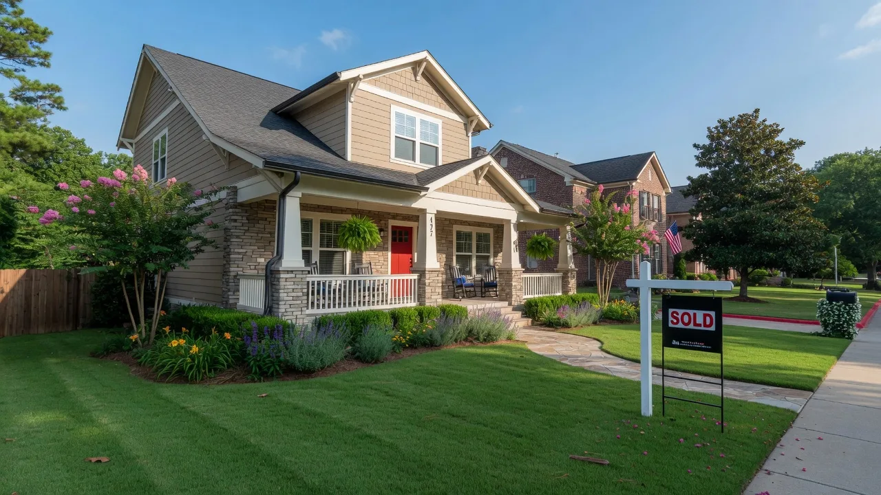 Team Haigh Realty helping homeowners sell in Dallas GA - craftsman-style home with Sold sign and manicured lawn