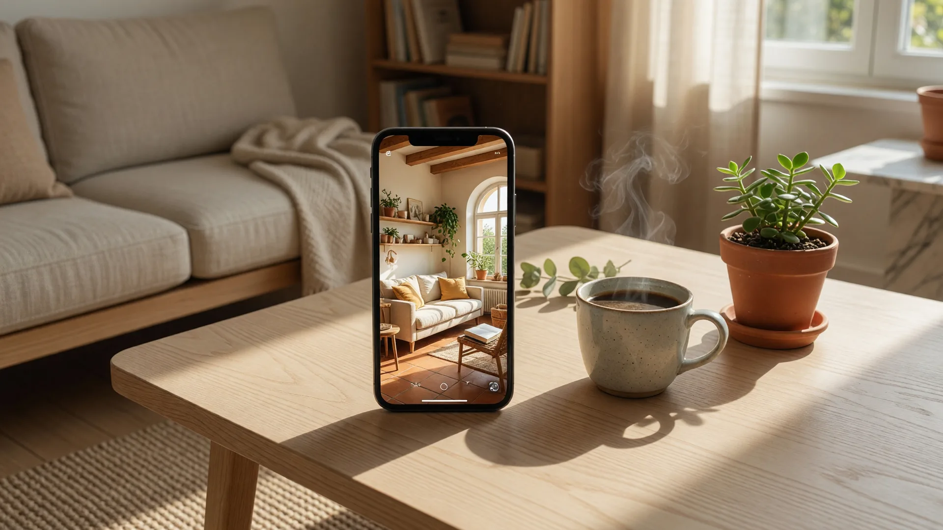 Smartphone displaying a virtual home tour on a coffee table in a sunlit modern living room