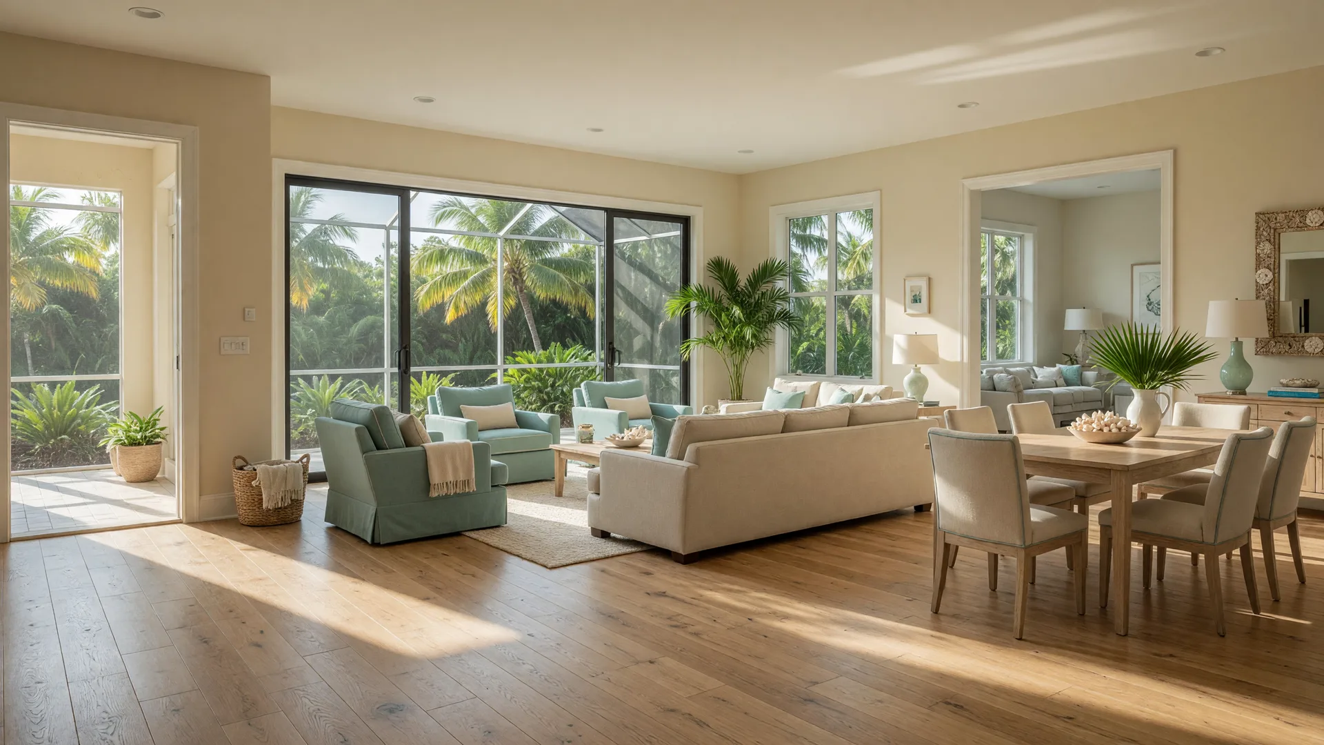 A bright open single-story Florida villa with step-free wide doorways, warm oak floors, and impact-glass sliders opening to a screened lanai with palm views