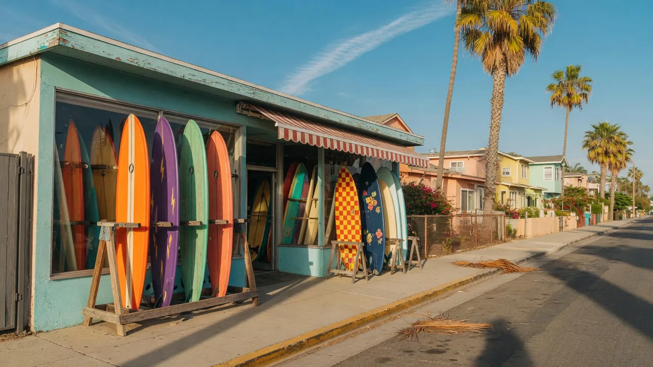 A coastal surf shop storefront on a sunny Imperial Beach street with a rack of colorful surfboards in the window and palm trees nearby