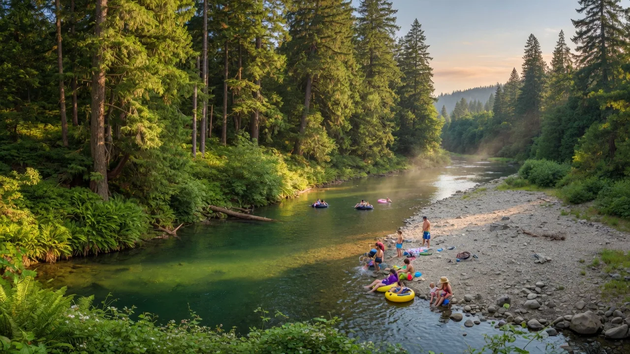 The Clackamas River flowing gently through Barton Park on a warm summer afternoon, with dappled sunlight through tall trees