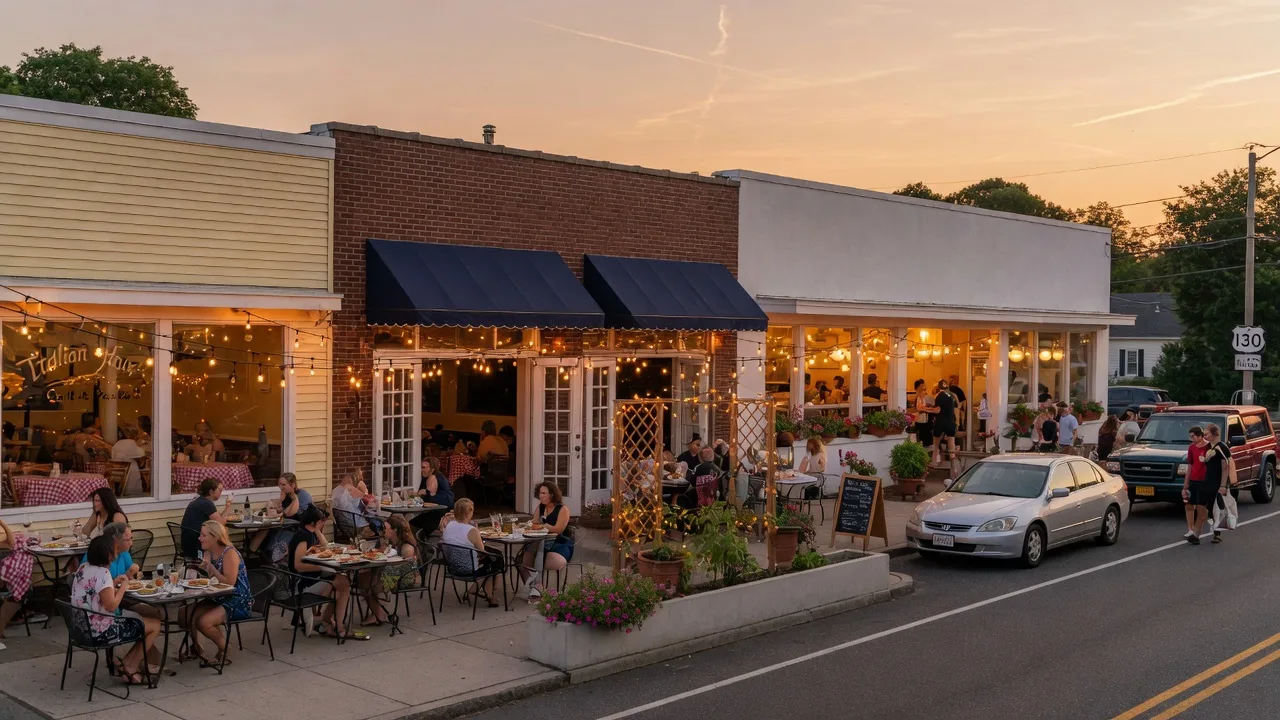 Charming restaurant row in Delran with outdoor dining and string lights