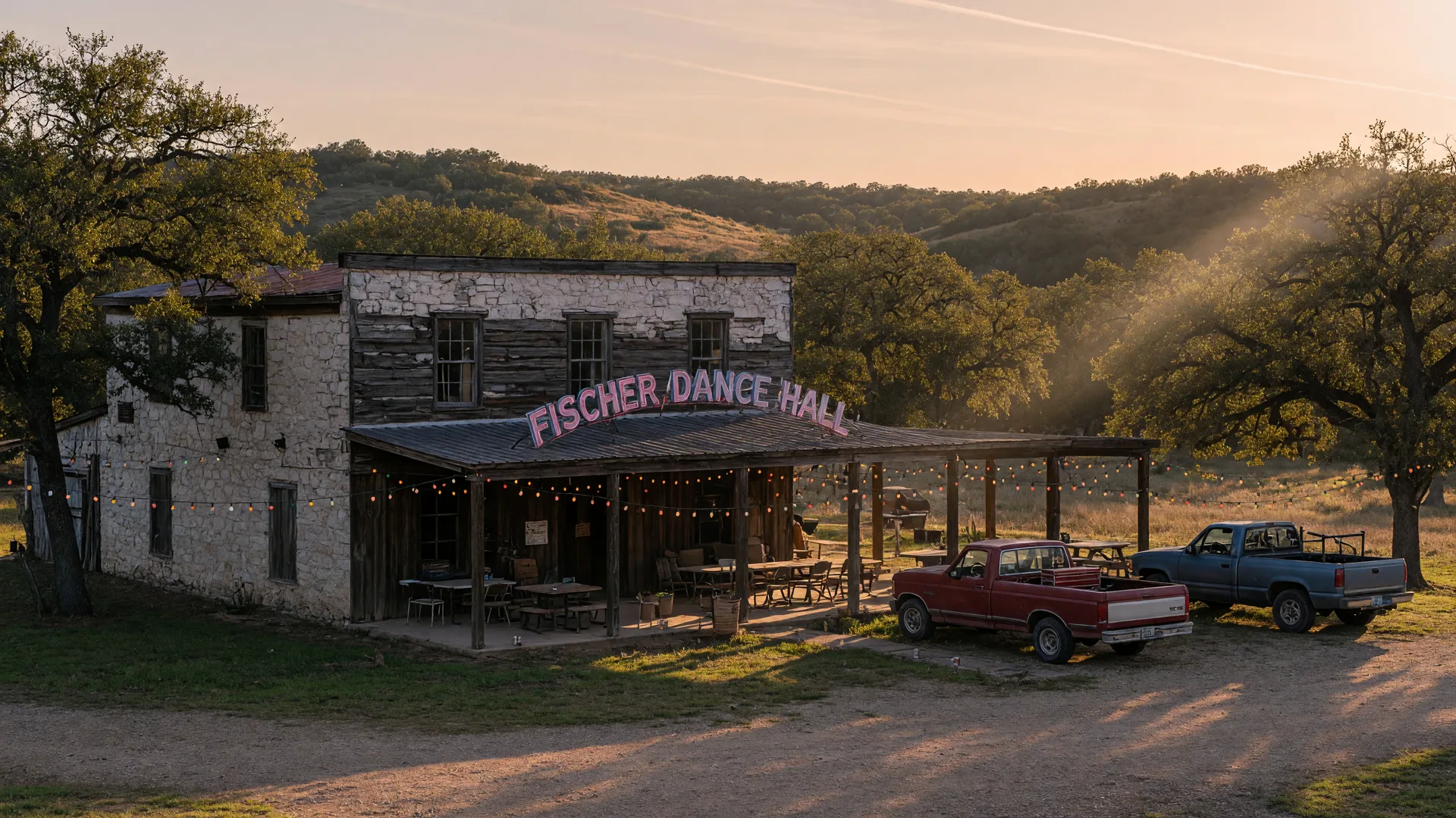 Historic Fischer Dance Hall — weathered stone and wood building with vintage neon sign, string lights, oak trees, and rolling Hill Country hills at golden hour
