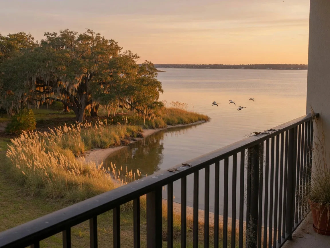 A high-rise condo balcony railing at golden hour overlooking the Mississippi Sound, with a moss-draped live oak and sea oats along the shore below