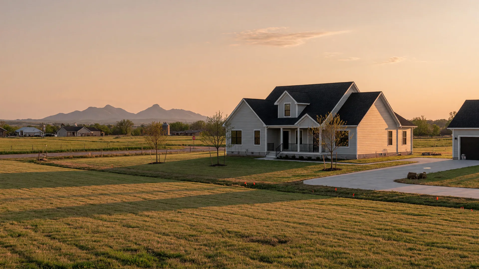 A brand-new light-gray home with a dark roof on a large grassy prairie lot at the edge of Elgin, Oklahoma at golden hour, with the Wichita Mountains faint on the horizon