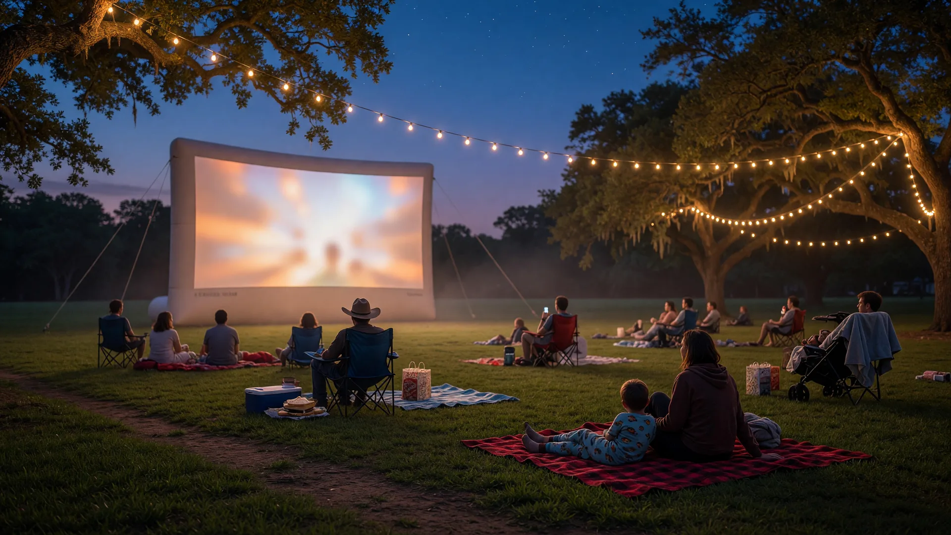 Outdoor community movie night at dusk with a glowing screen on a park lawn
