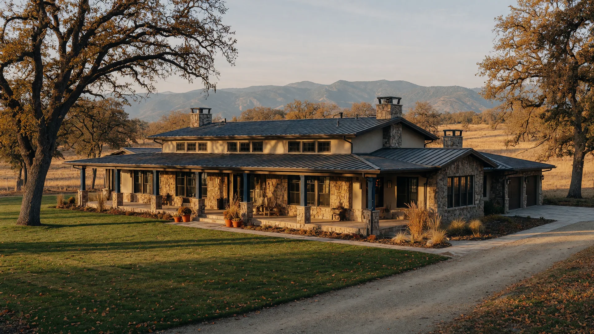 A large custom luxury estate home in Merced County on a clear autumn afternoon, a sprawling single-story ranch with a stone and stucco facade, long front porch, manicured lawn, mature oak trees, and the hazy Sierra Nevada foothills on the horizon
