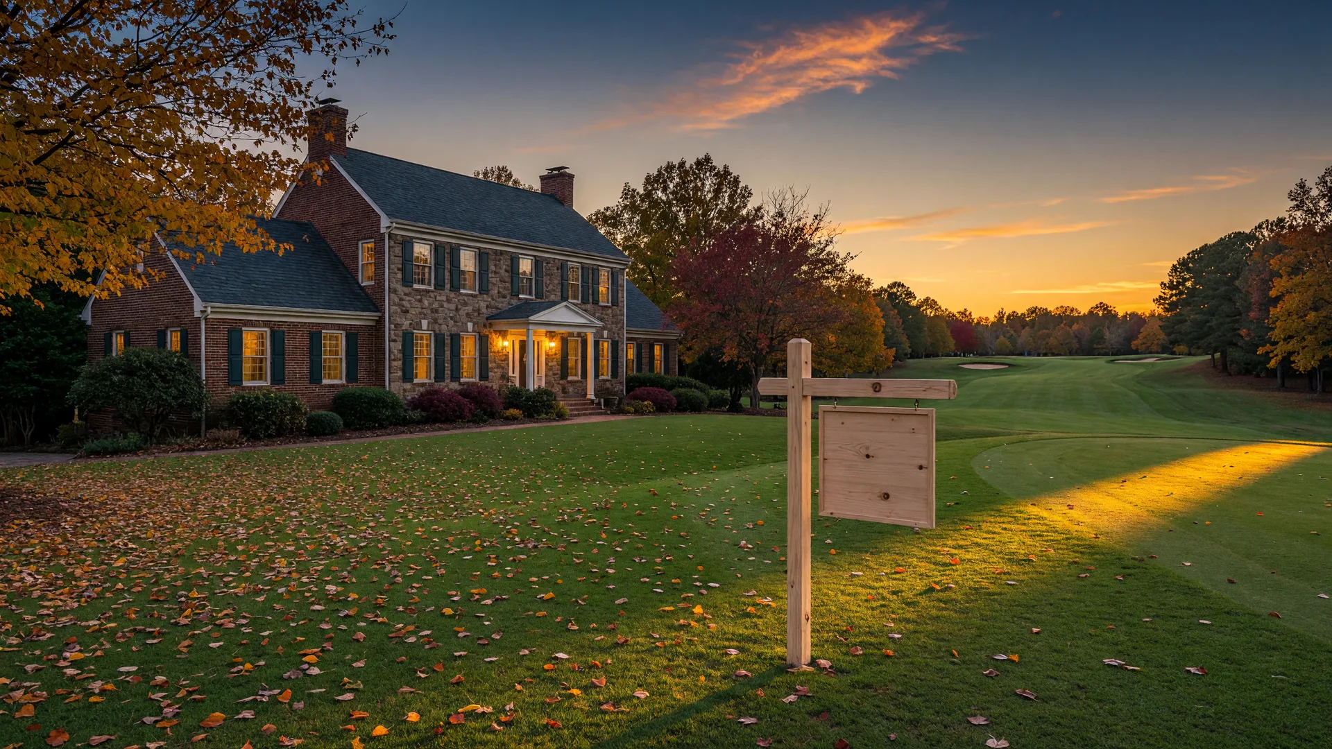 Brick and stone Georgia home beside a rolling golf fairway at golden hour in October with a blank real estate signpost in the lawn, representing the 2026 buyer's market in Apalachee Farms