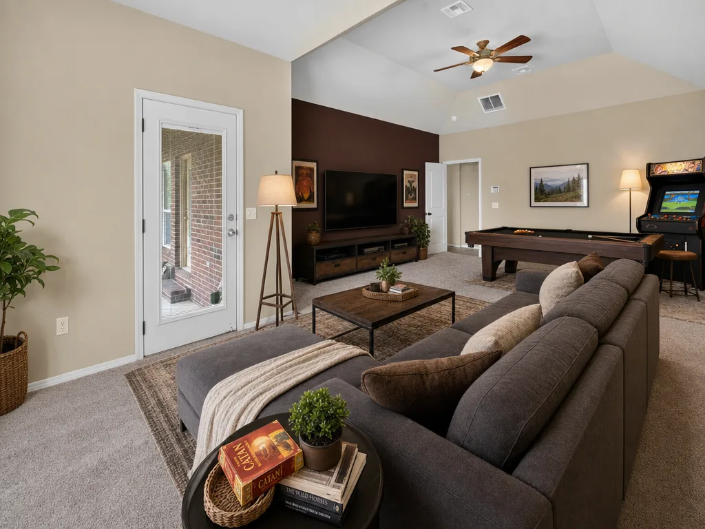 Upstairs game room at 4604 N Narcissus Ave, virtually staged with a media wall, sectional sofa, and billiards table