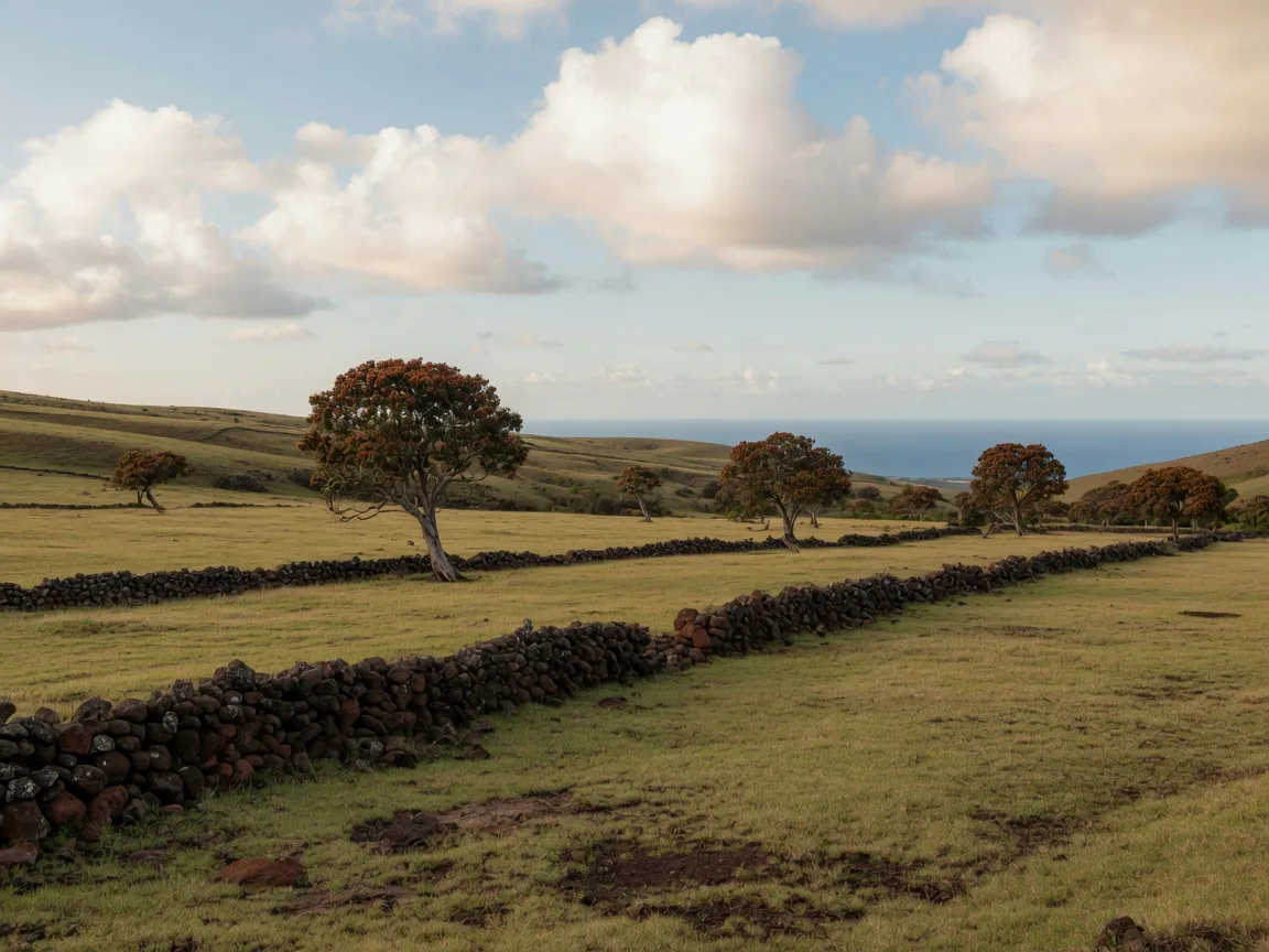 Open pasture and ʻōhiʻa trees in the Kaʻū countryside, with the ocean in the distance