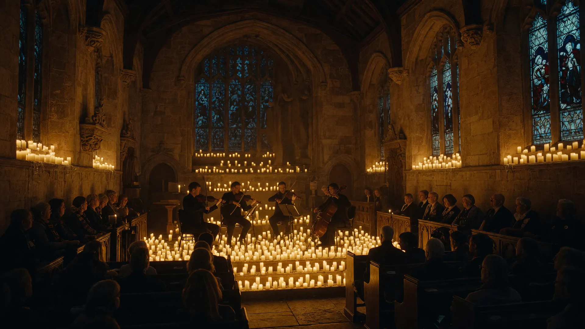 A candlelit string quartet performing in a historic college chapel surrounded by hundreds of glowing candles