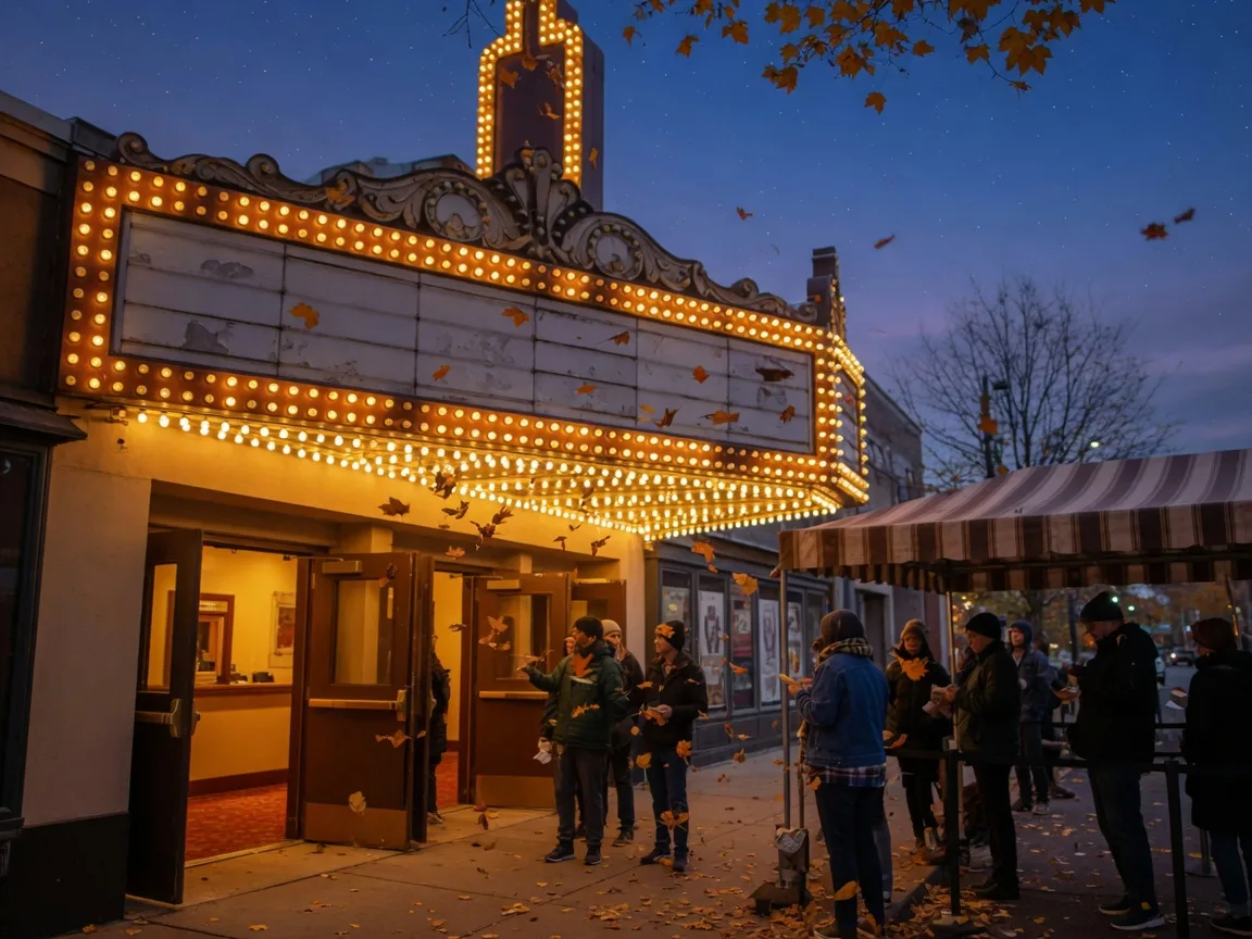 The Keswick Theatre marquee glowing golden on a cool October night through falling autumn leaves, warm light spilling from the lobby doors, distant figures in jackets queuing beneath the canopy under a deep blue-hour sky
