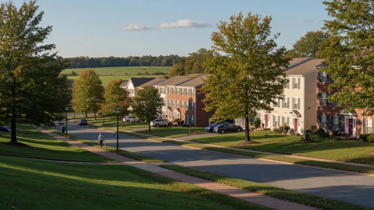 Leafy suburban neighborhood with condos and townhomes in Howard County, Maryland