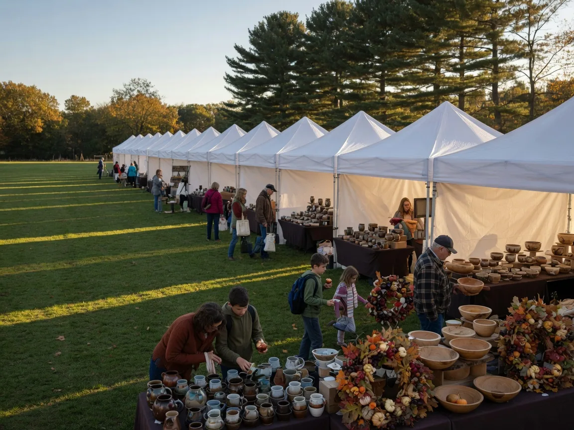 Rows of white craft vendor tents on a lawn with handmade pottery, wooden crafts, and fall wreaths at a small-town New Jersey craft fair