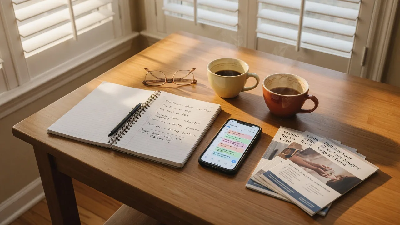 A kitchen table with a notebook, phone, reading glasses, coffee, and a stack of care brochures, the tools a family uses to build its senior care team.