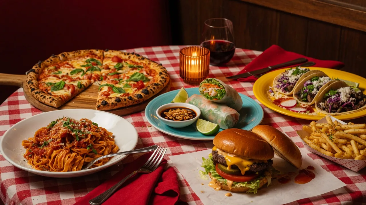 Vibrant dining table with Italian pasta, pizza, Asian spring rolls, and Mexican tacos in warm restaurant lighting