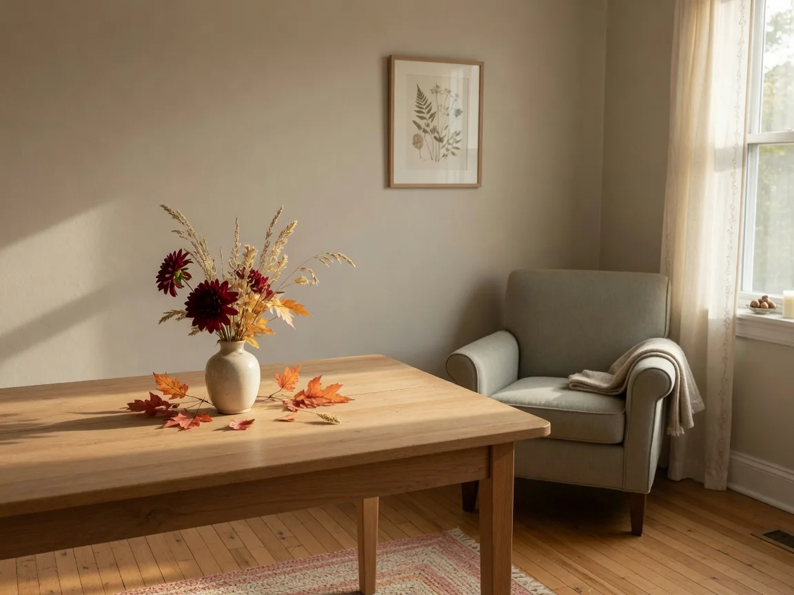 A warm, gently decluttered dining room in a Port Perry bungalow on a soft October afternoon, sunlight through sheer curtains across an oak table with seasonal flowers and a comfortable armchair by the window