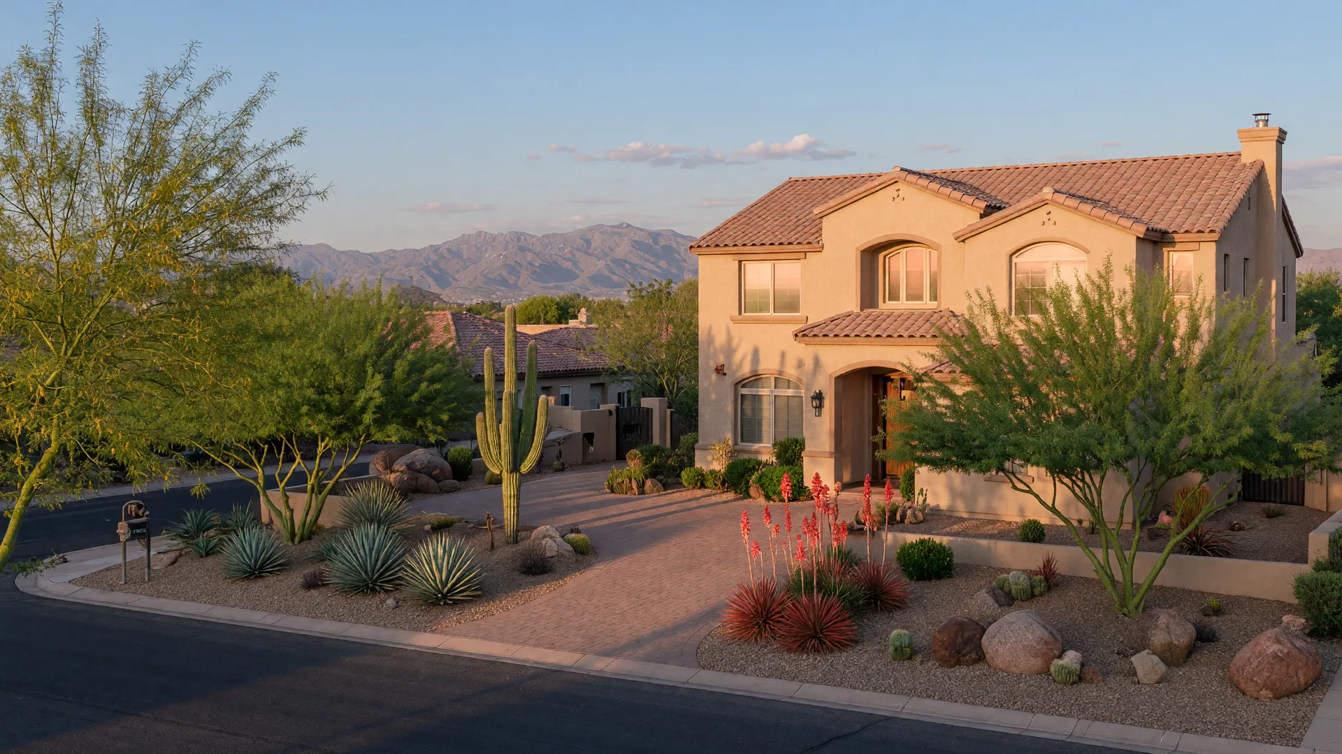 Stately two-story stucco home in an established North Gilbert neighborhood at golden hour, mature desert trees framing a paver driveway, San Tan Mountains on the horizon