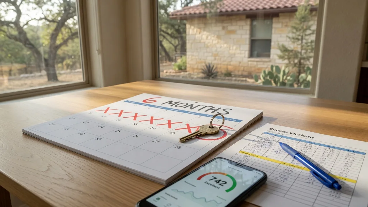 A homebuyer planning desk with a six-month wall calendar, a brass house key, a budget worksheet, and a phone showing a credit score app