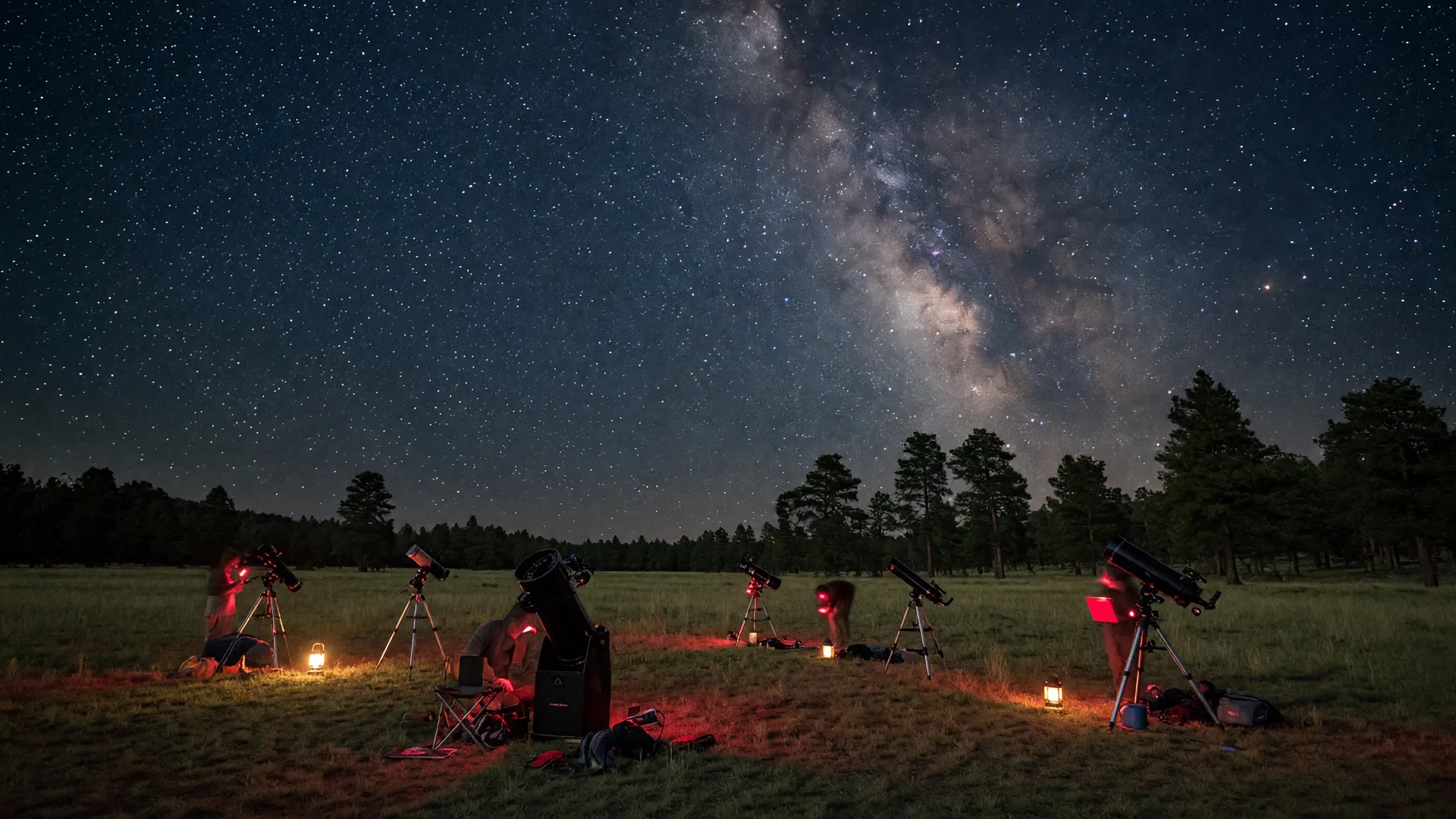 Telescopes on tripods in a mountain park meadow under a star-filled night sky