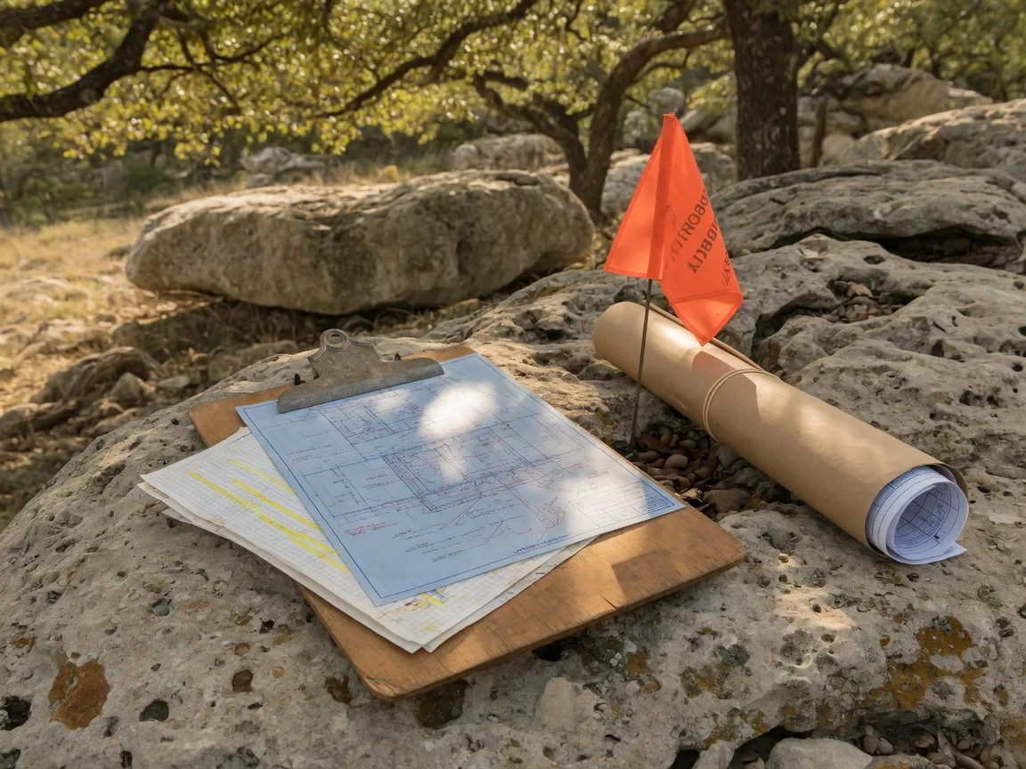 A professional survey document and WPAP engineering plans on a clipboard resting on a limestone outcrop, with a surveyor flag in the background, representing the Edwards Aquifer Protection Program compliance process