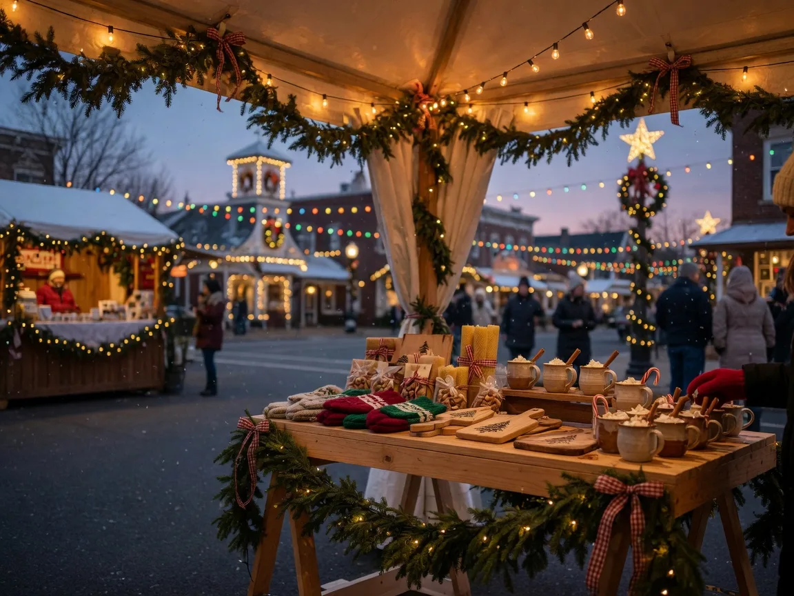 A holiday market tent lit with string lights in Moorestown on a winter evening