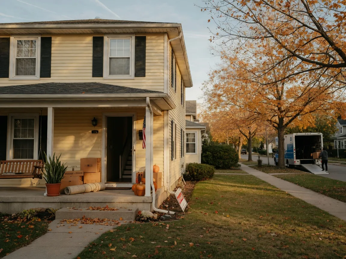 A golden-hour photo of a two-story suburban home with moving boxes on the porch and a moving van down the street, representing a family selling their current home and moving up to a bigger one