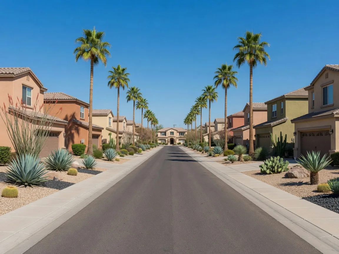 Master-planned community street in Chandler, Arizona on a sunny afternoon with modern homes and palm-lined sidewalks