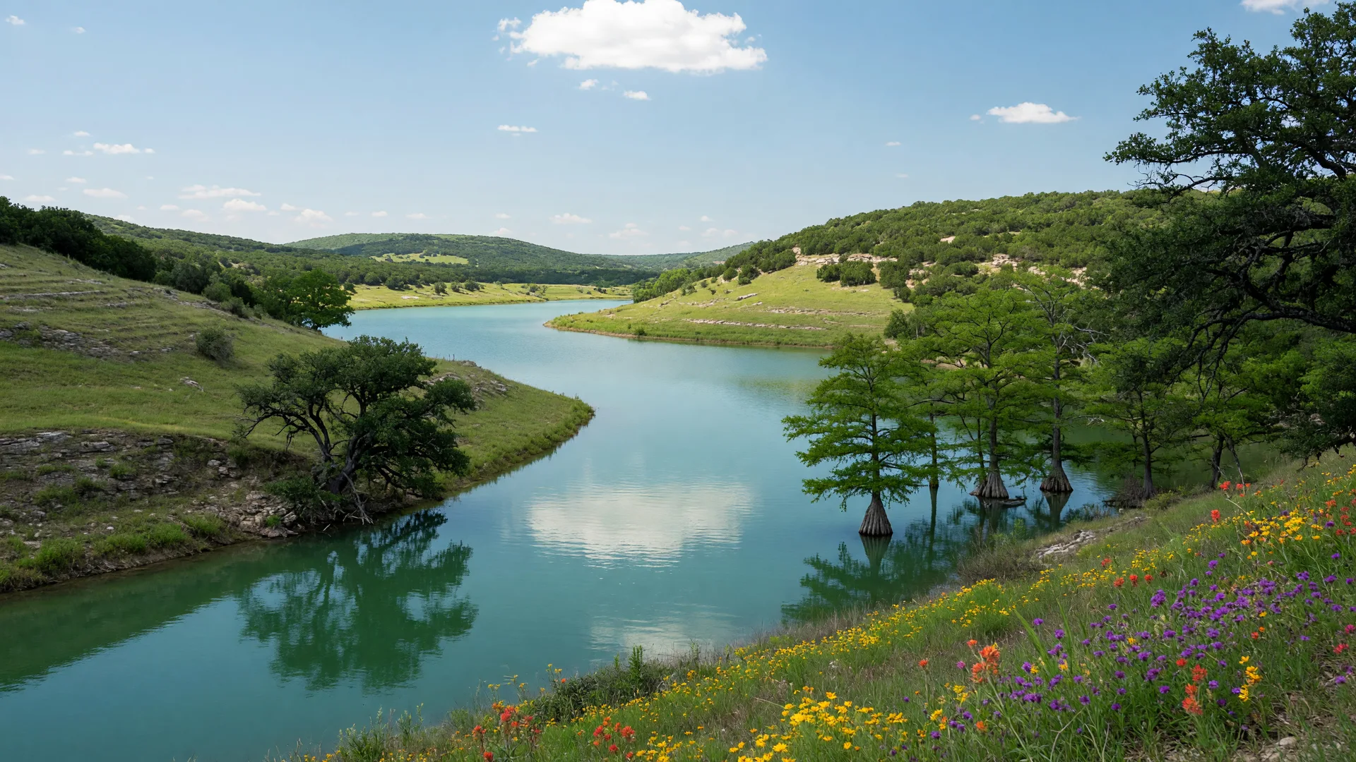 Sparkling blue Canyon Lake surrounded by green Hill Country hills under a vibrant Texas summer sky