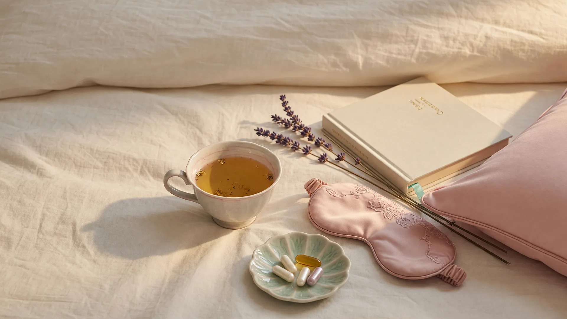 A soft flat-lay of a cup of herbal tea, a closed book, a dusty rose sleep mask, and dried lavender on cream linen for Emily's rest and sleep guide