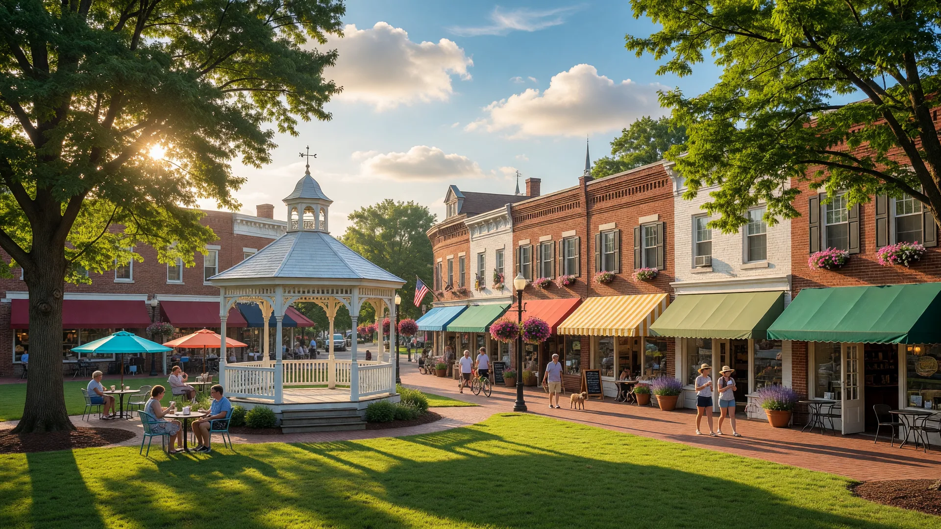 Historic Marietta Square on a sunny morning with Glover Park gazebo, brick storefronts, and cafe seating