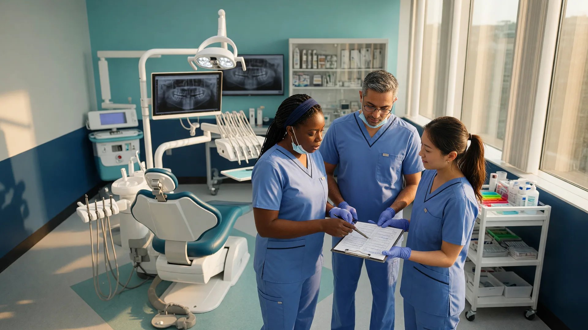 Modern dental operatory with professional team reviewing compliance protocols