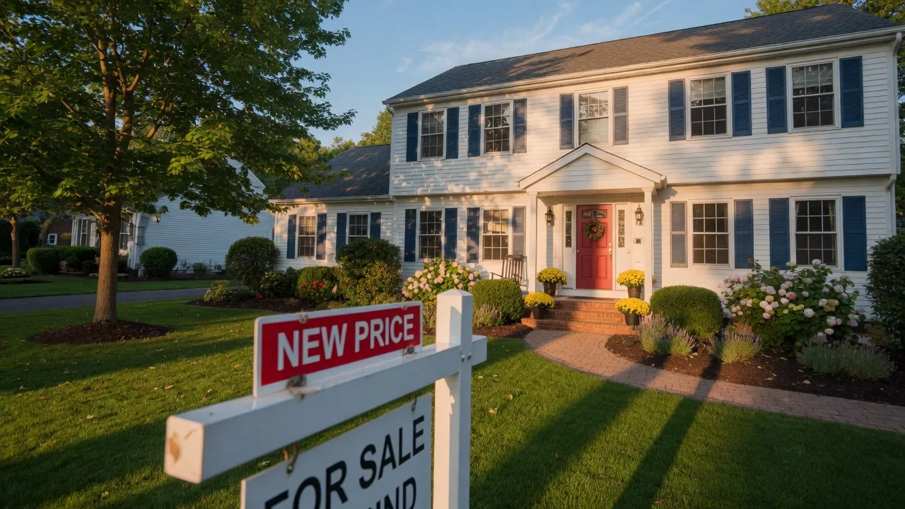 For Sale sign in front of a well-maintained home at golden hour