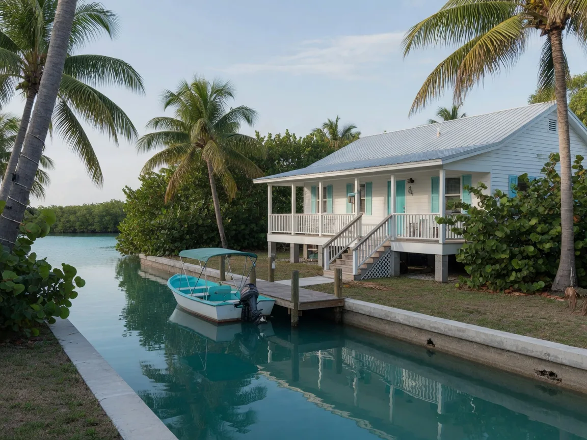 Classic white-sided Florida Keys canal-front home with a metal roof, covered porch, and a small boat docked at the seawall
