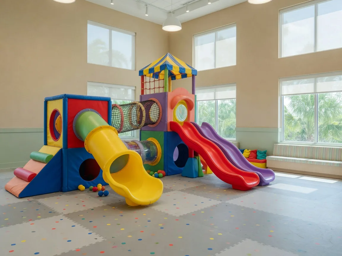 Bright indoor kids play structure with slides and climbing tunnels at Fort Rock Climbing Center in Fort Myers, Florida