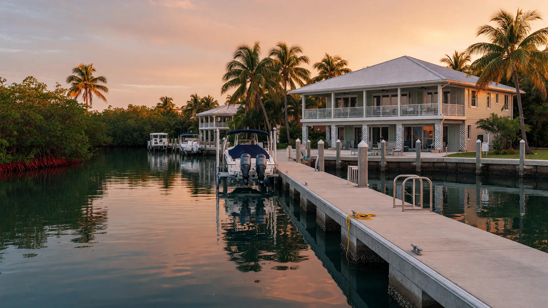 A luxurious Florida Keys waterfront home at golden hour, elevated on concrete pilings with a standing-seam metal roof, a long private concrete dock with a boat lift in sharp foreground focus, and a calm deep-water canal reflecting warm amber light